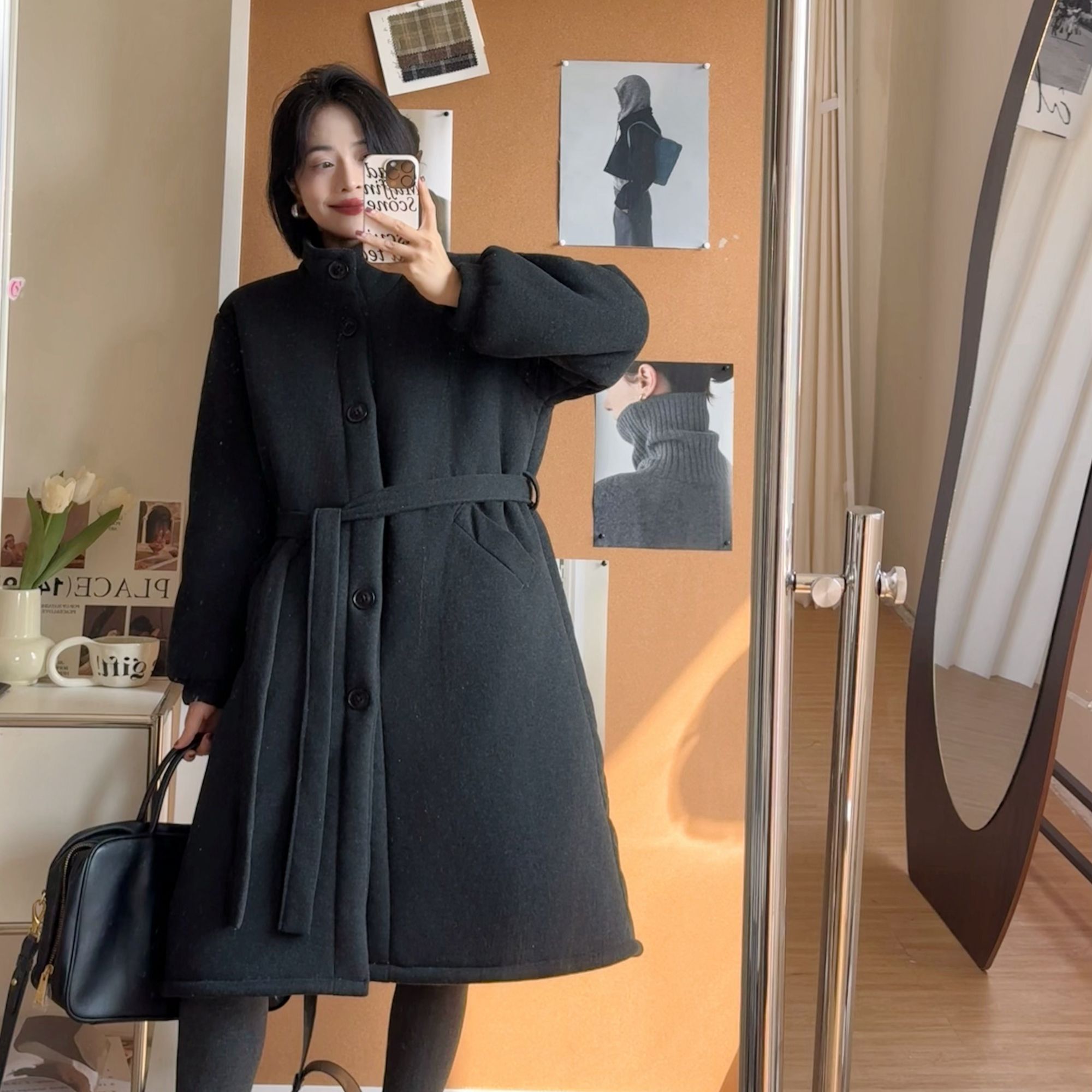 2025秋冬新款立领腰带中长款通勤风三层加厚可外传家居服睡袍725