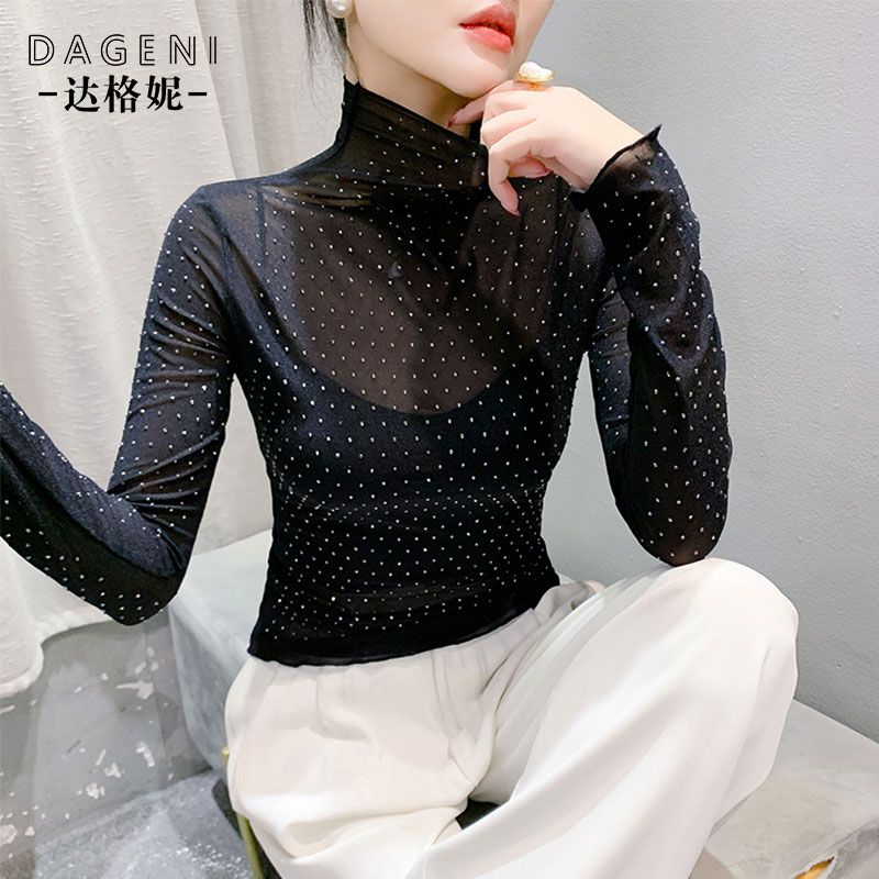 高领重工烫钻网纱打底衫女秋季新款轻奢洋气长袖上衣气质小衫