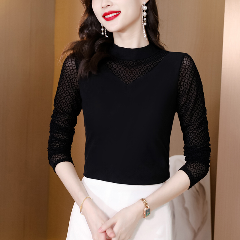 黑色网纱打底衫女长袖2024秋装新款时尚洋气半高领内搭小衫t恤衫