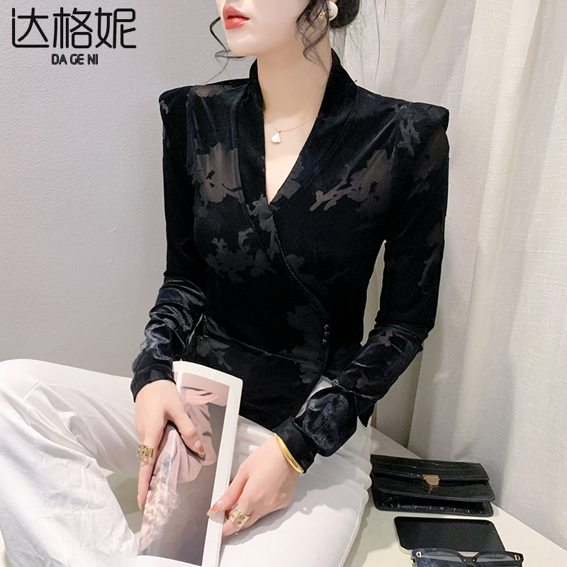 设计感V领丝绒长袖t恤女2024春装新款不规则设计时尚百搭显瘦上衣