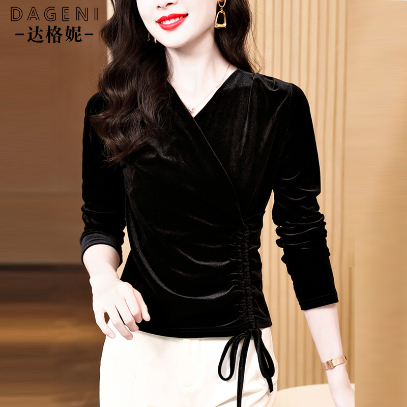 高级感丝绒女上衣V领蕾丝打底衫内搭2025秋季新款洋气小衫长袖t恤