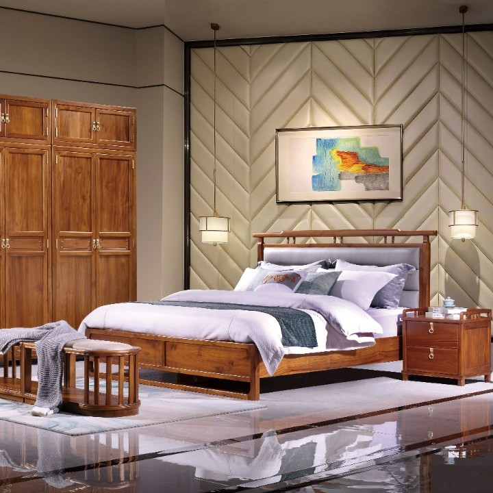 印尼柚木尚韵床 新中式客厅简约双人时尚中式主卧次卧真皮 1.8m