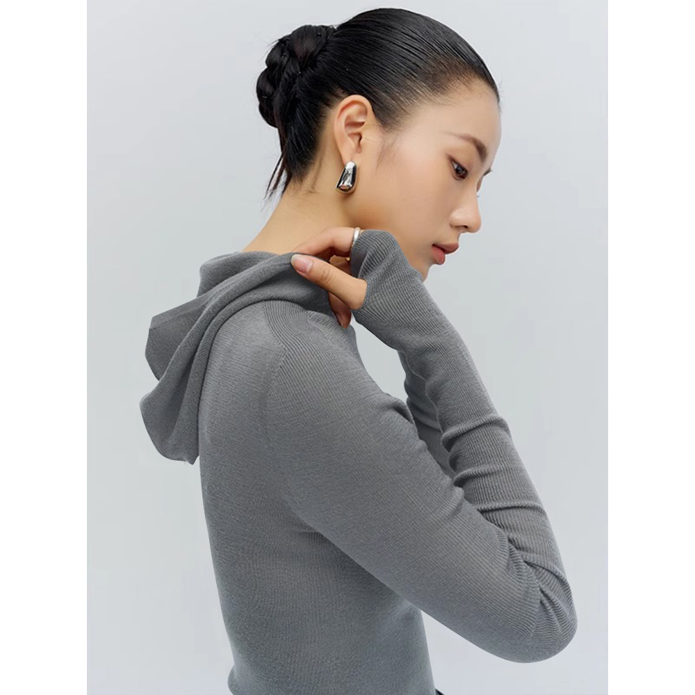 格雷系灰色复古连帽针织衫女秋冬修身显瘦卫衣百搭纯色打底衫毛衣