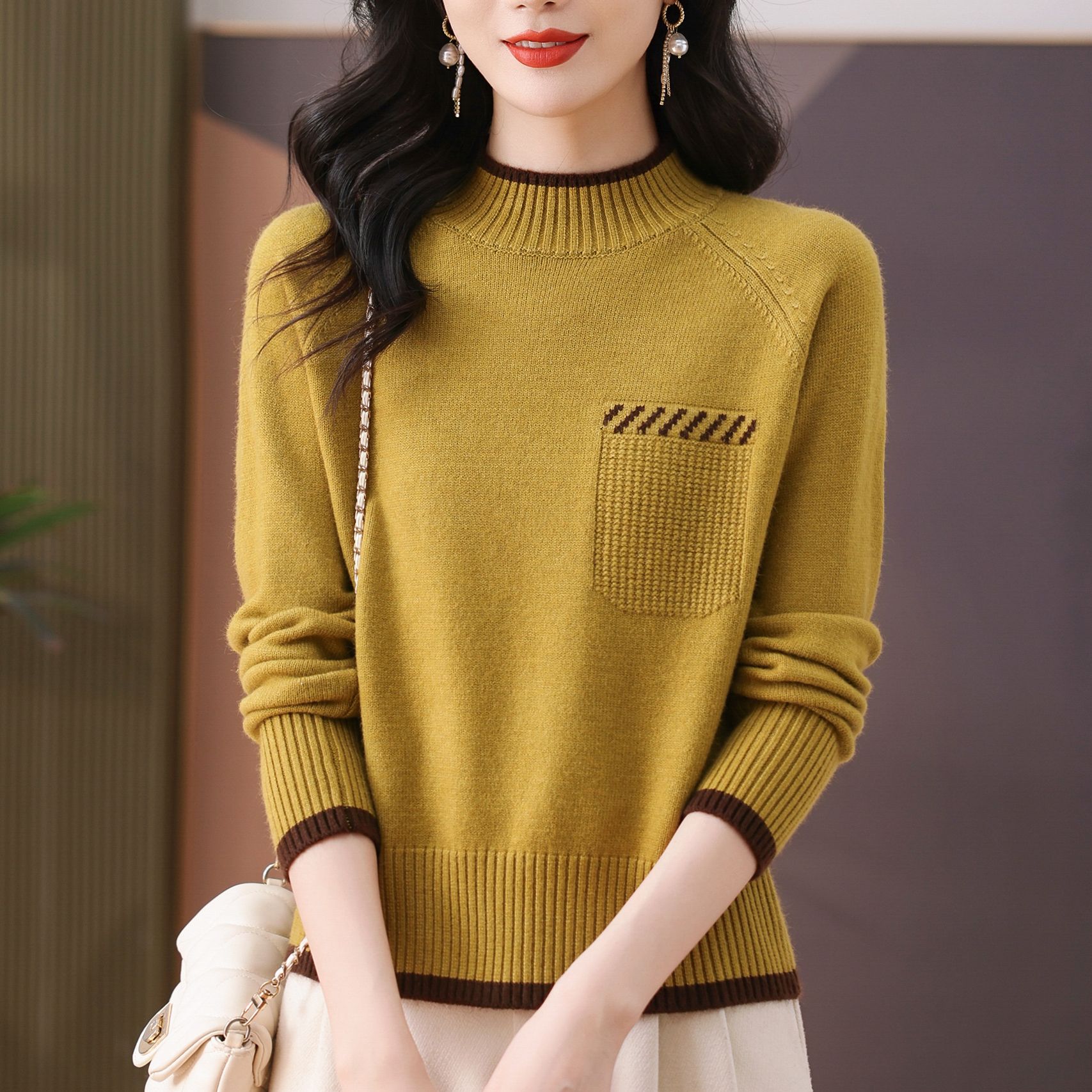 2025年秋冬新款女士拼色半高领时尚洋气宽松显瘦款套头百搭毛衣女