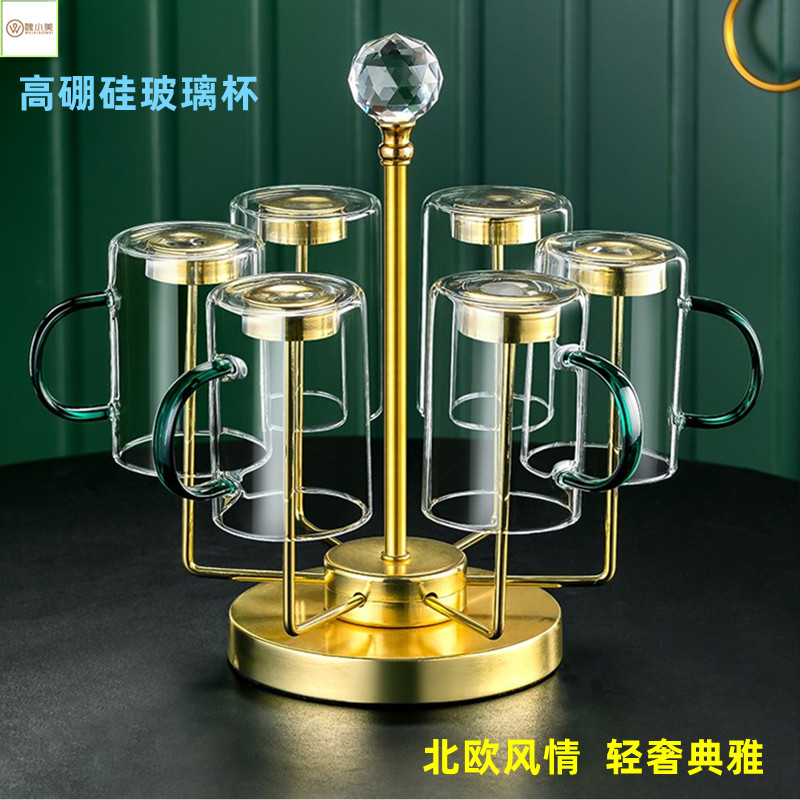 高档耐热水杯套装玻璃茶杯带把家用茶具家庭专用喝水绿茶杯子待客