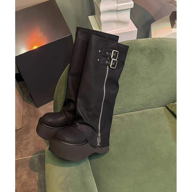 真皮大头高筒骑士靴女增高厚底松糕堆堆长筒裤管靴辣妹不过膝长靴