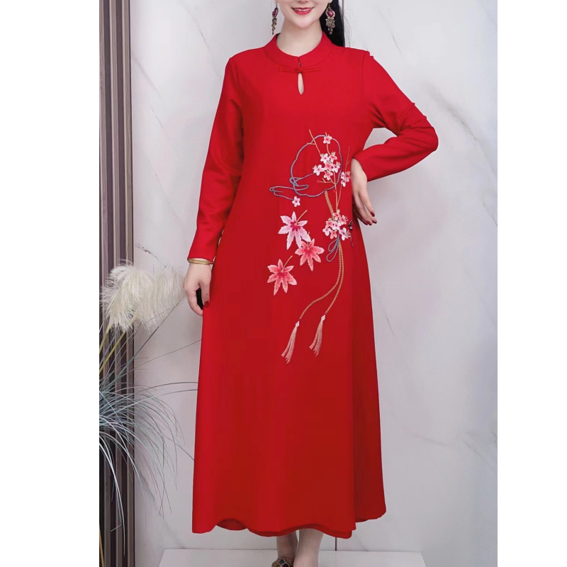【爱漂亮】长袖中国风气质绣花冬款妈妈装长款红色连衣裙5501款加厚