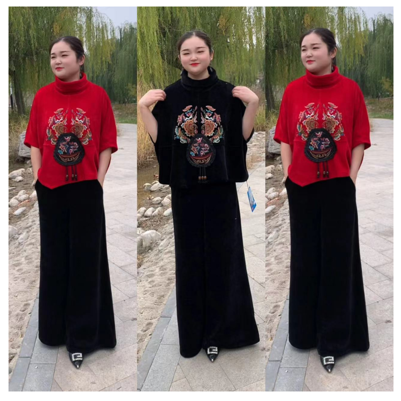 【爱漂亮】秋冬民族风新中式复古宽松中国风加厚时尚披肩裤子两件套