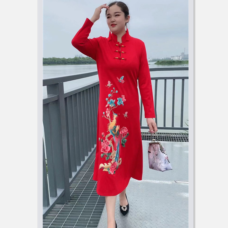 【爱漂亮】春秋季新款中国风精美刺绣凤凰改良版长款连衣裙1250款