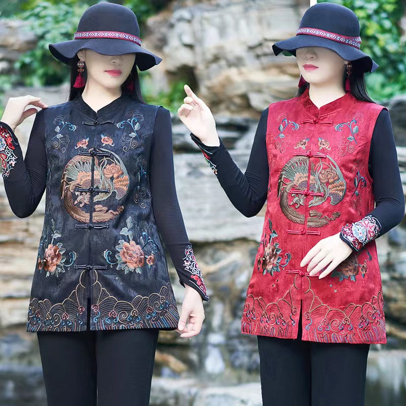 【爱漂亮】绣花马夹大码盘扣缎面薄马甲民族风女装中长款立领坎肩