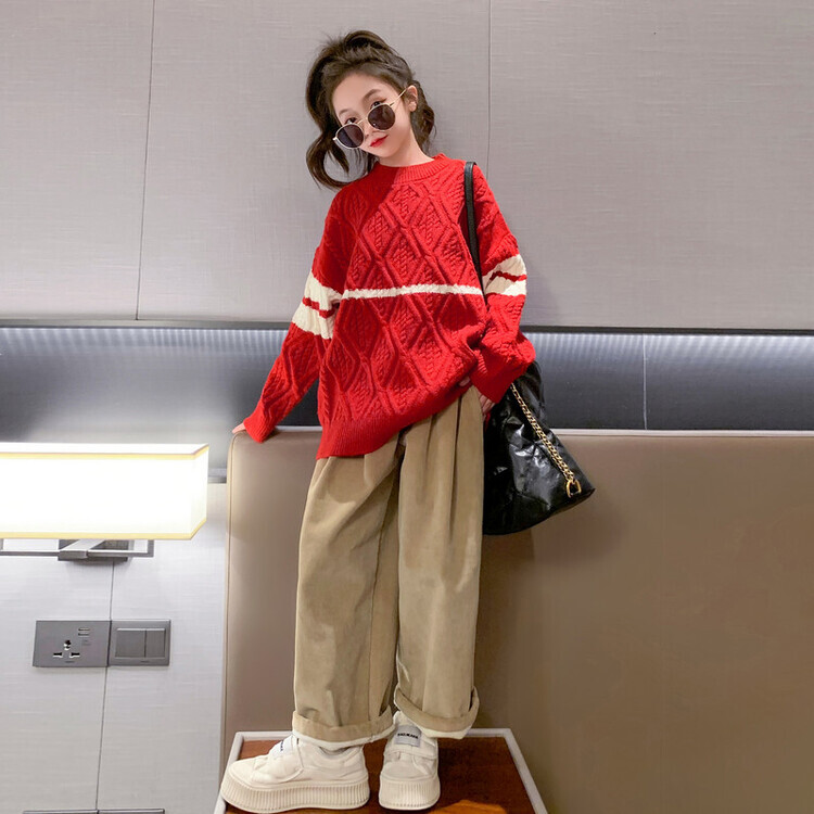 慵懒风儿童针织毛衣冬季加厚保暖打底圆领套头休闲上衣外穿秋冬