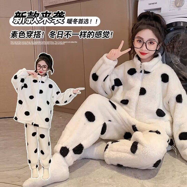 儿童家居服秋冬装加绒加厚女童套装法兰绒亲子装宝宝冬睡衣外穿暖