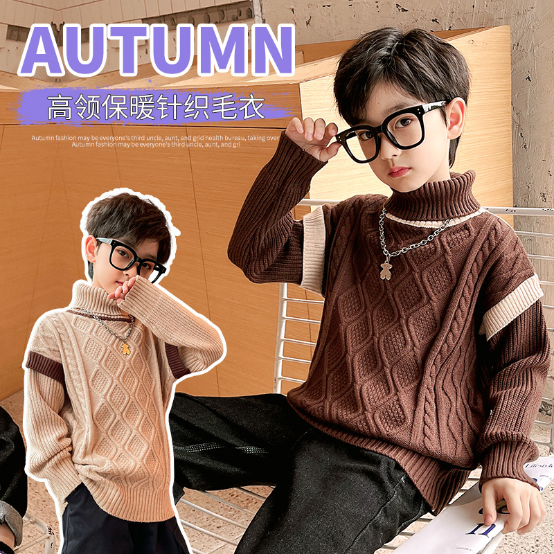 男童毛衣2023秋冬款套头高领中大童厚线衣儿童针织打底衫男孩秋冬