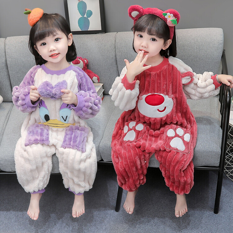 女童睡衣秋冬珊瑚绒加厚保暖法兰绒宝宝中大童儿童连体家居服冬季