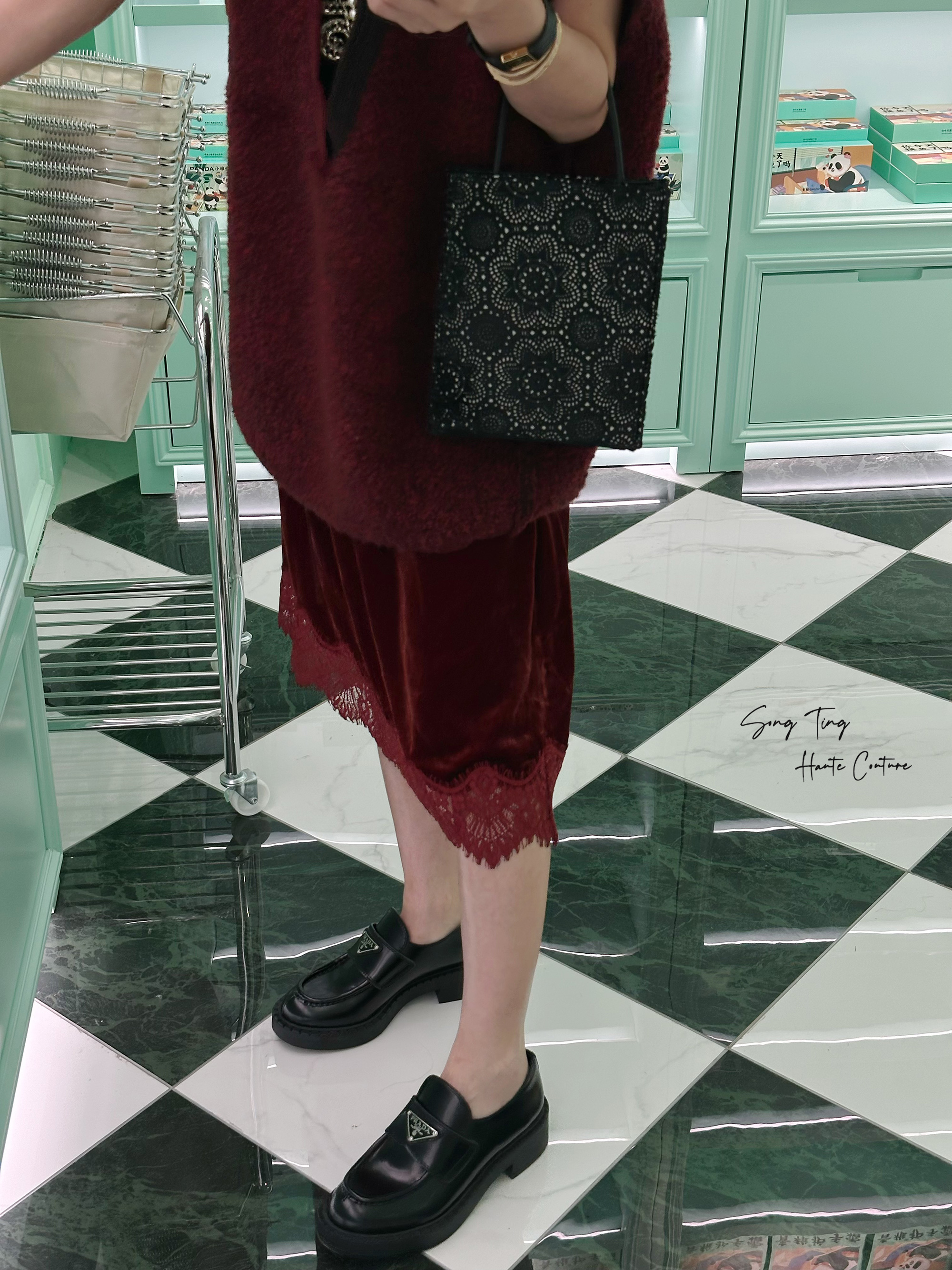 SONG TING｜琉璃爵士蕾丝拼接抽绳真丝丝绒半身裙