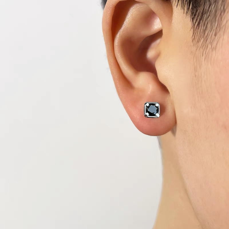 天然尖晶石耳钉高级感s925银镶大气黑色情侣款双十一轻奢简约