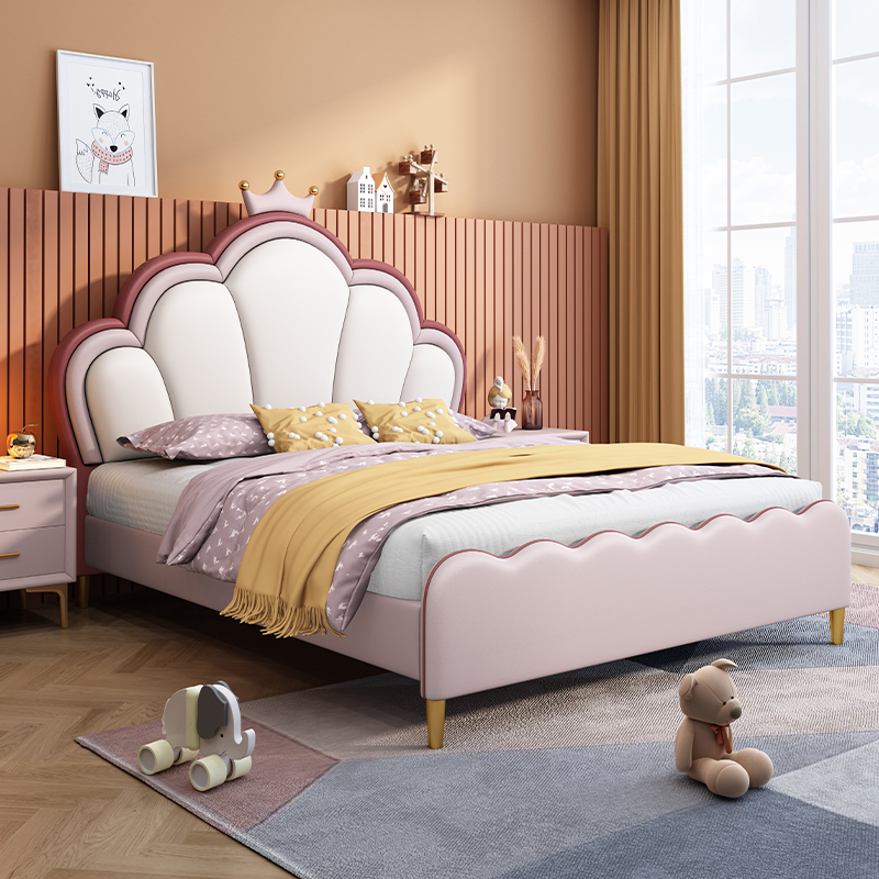 简约公主床1米5女孩卧室皮艺女孩皇冠储物真皮床粉色公主床主卧