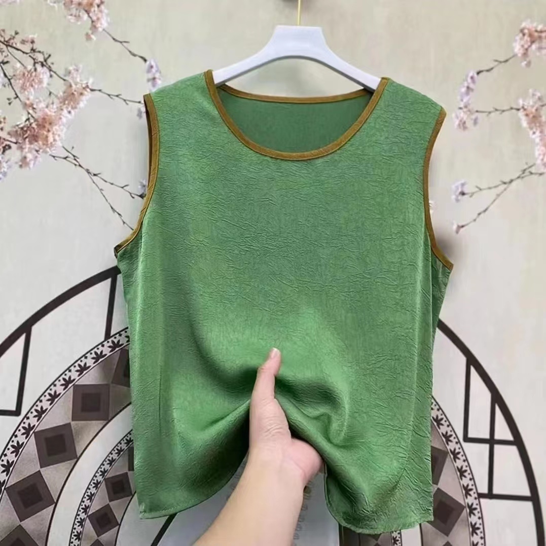 春夏新款压绉背心肌理感撞色包边宽肩背心女外穿纯色百搭打底背心