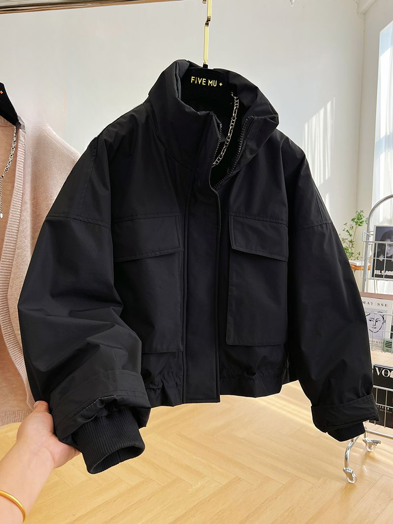 羽绒服服欧洲站感大口袋加绒加厚工装休闲外套服百搭立领韩版潮流