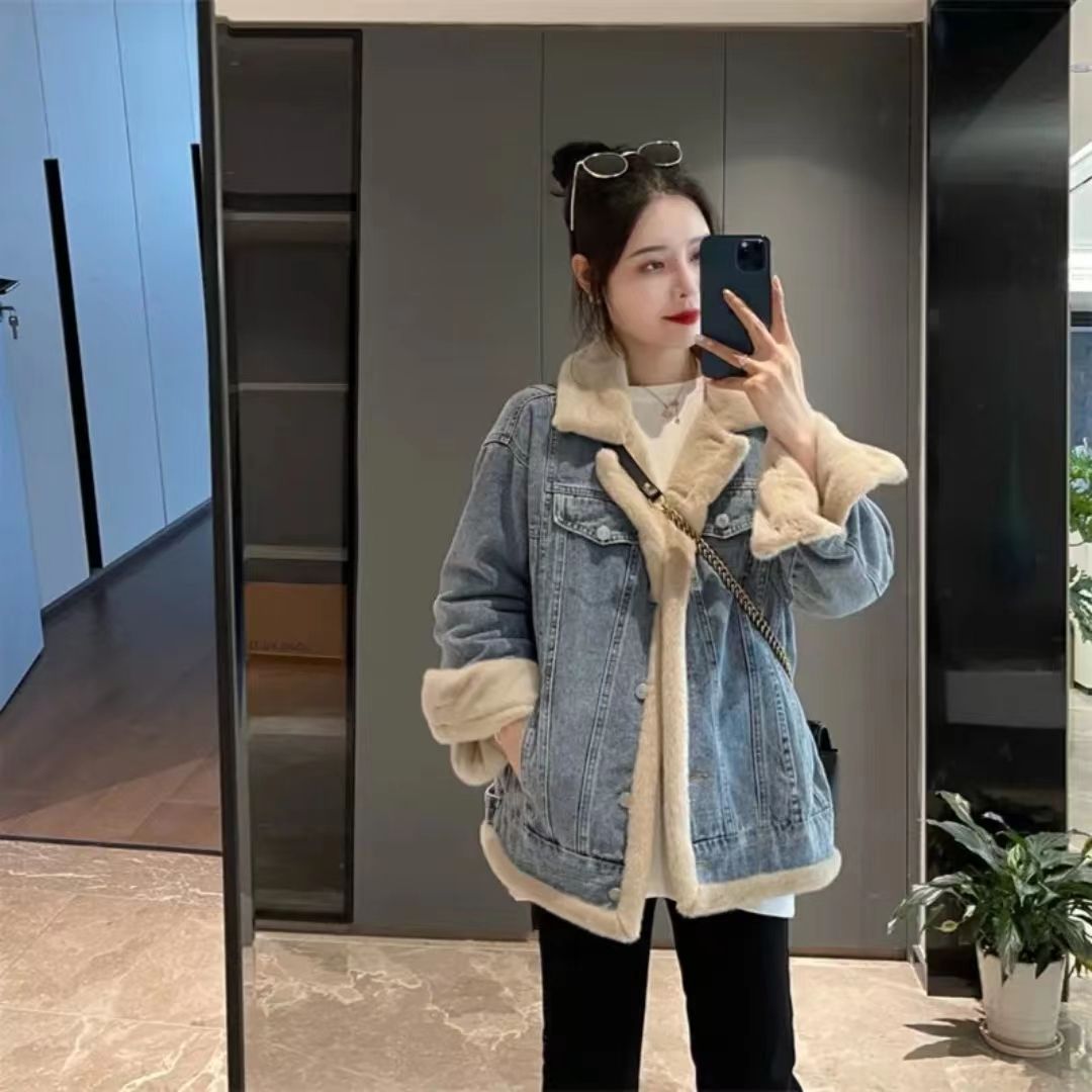 欧货两面穿高品质牛仔外套女韩版冬宽松复古保暖加绒加厚夹克上衣