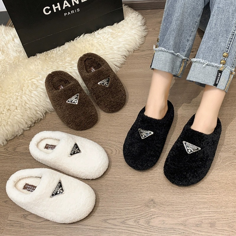 毛毛鞋女外穿2023秋冬加绒白色百搭羊羔毛一脚蹬豆豆棉瓢鞋半拖鞋