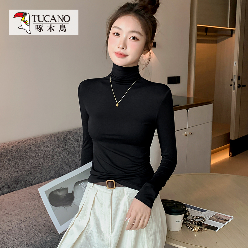 啄木鸟【TR2201】薄款莫代尔修身显瘦高领打底衫女气质长袖t恤上衣