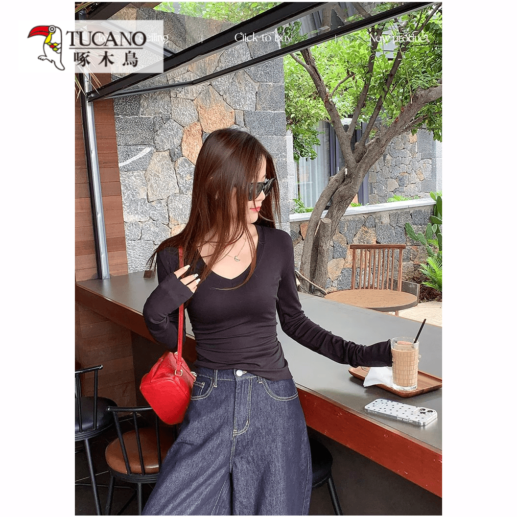 啄木鸟JS白色打底衫女春秋款V领长袖T恤修身显瘦黑色内搭小众上衣