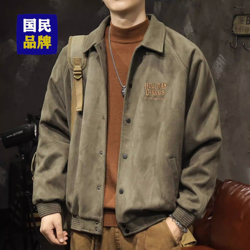 2023新款灰绿色加绒鹿皮绒翻领棒球服男士宽松秋冬款潮牌美式夹克