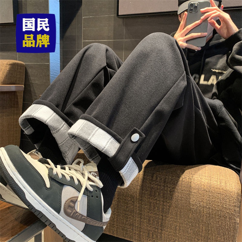2023新款潮流百搭加绒阔腿裤男士冬季ins港风学生运动宽松大码直