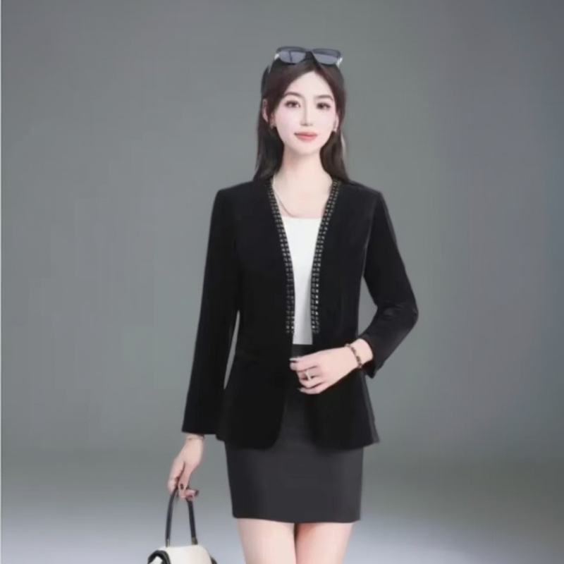 春秋时尚高贵优雅百搭显瘦丝绒烫钻气质修身女神韩版小西装外套
