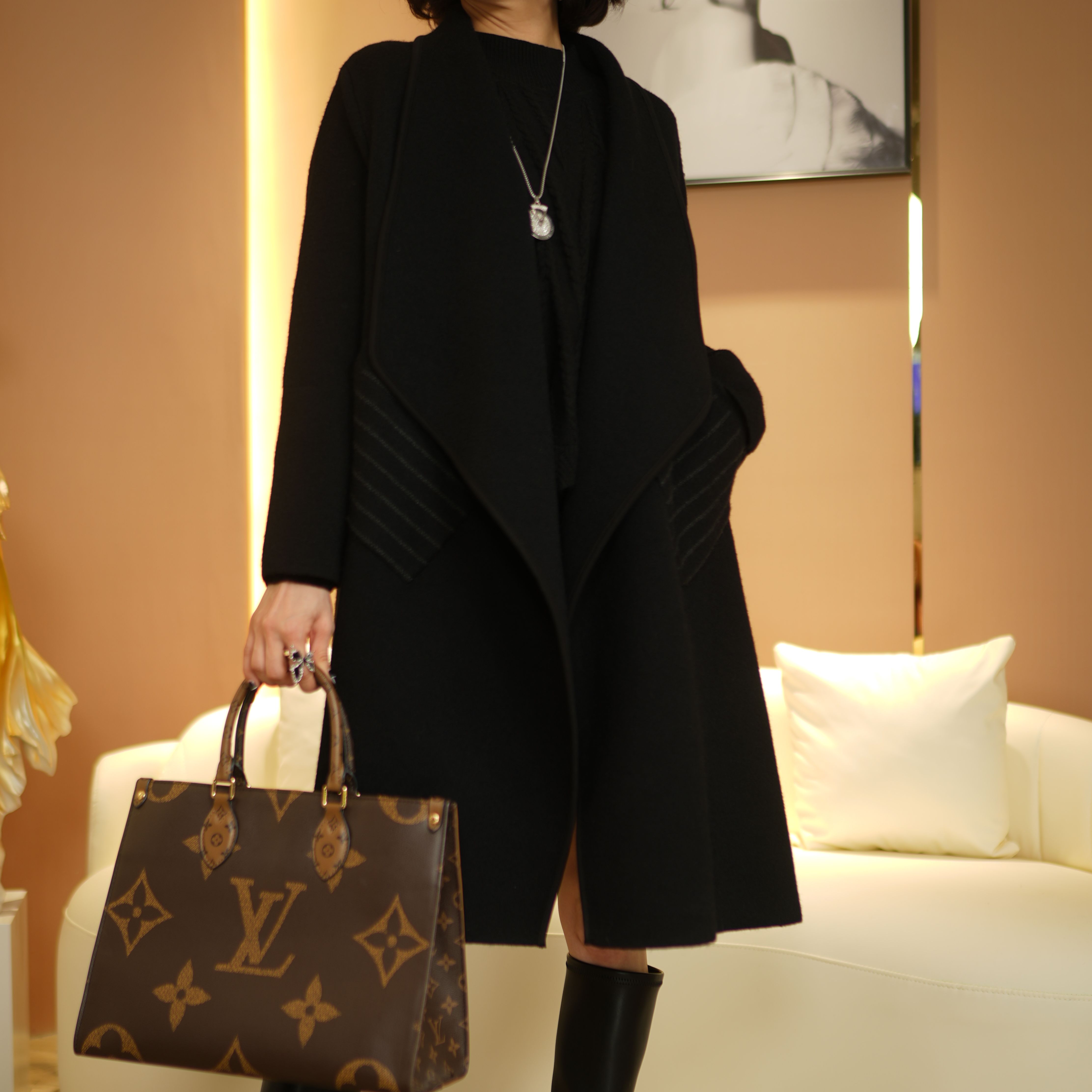 时尚高级感气质长袖外套2024秋冬新款显瘦女装中长款大衣加厚