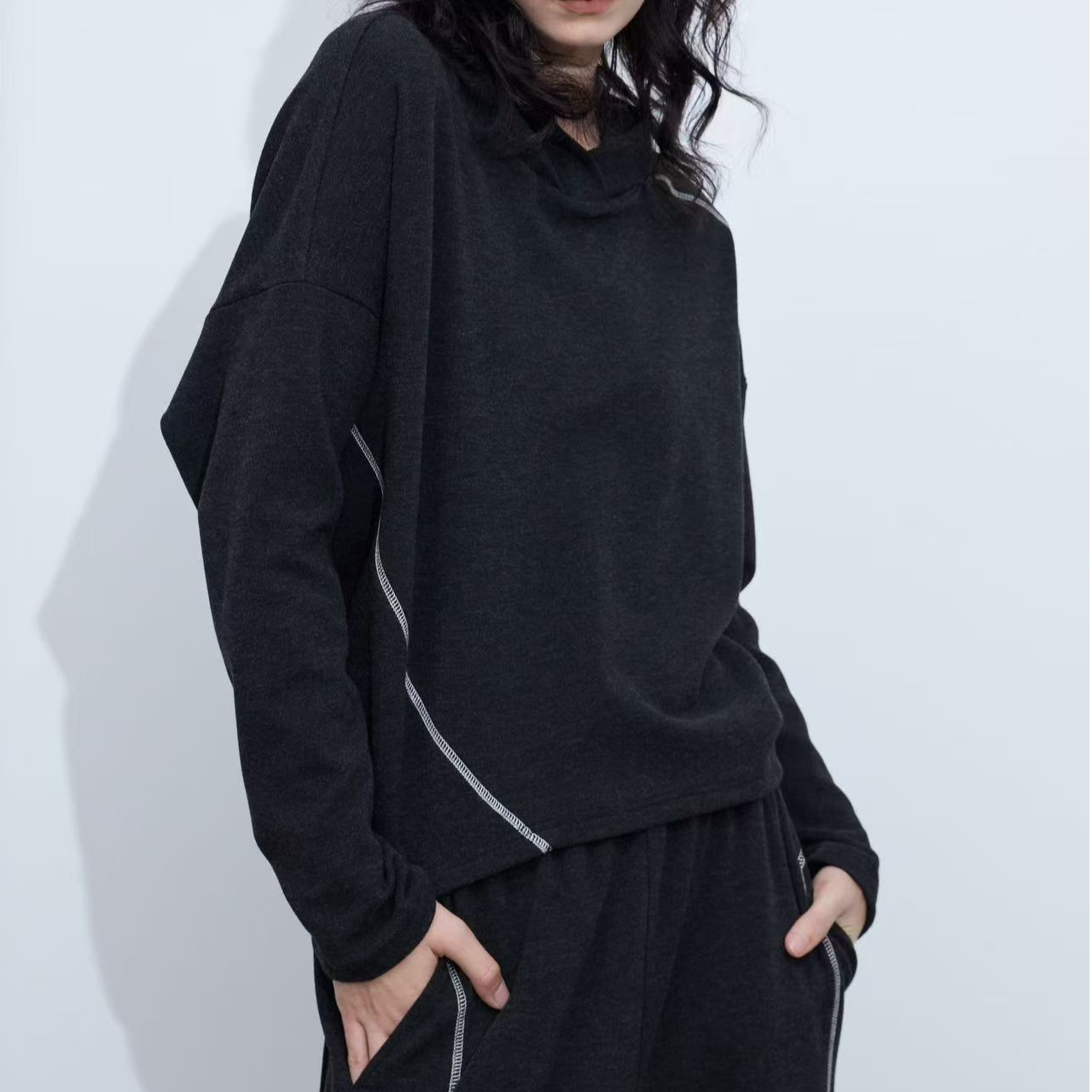 Seven7-连帽套头上衣阔腿裤两件套明线卫衣套装-816461