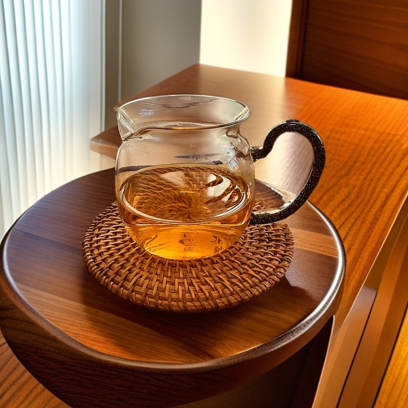 侧把小圆满炫彩把手公道杯手工吹制耐热高透高硼硅公道杯分茶器