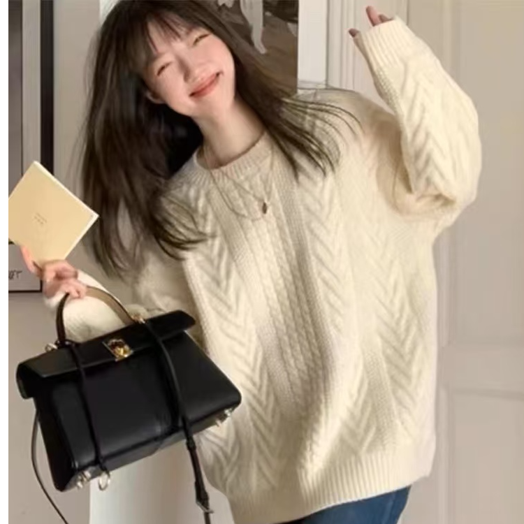 351-400（直播间实时展示过款贴码 ）复古可爱软糯麻花毛衣女慵懒风