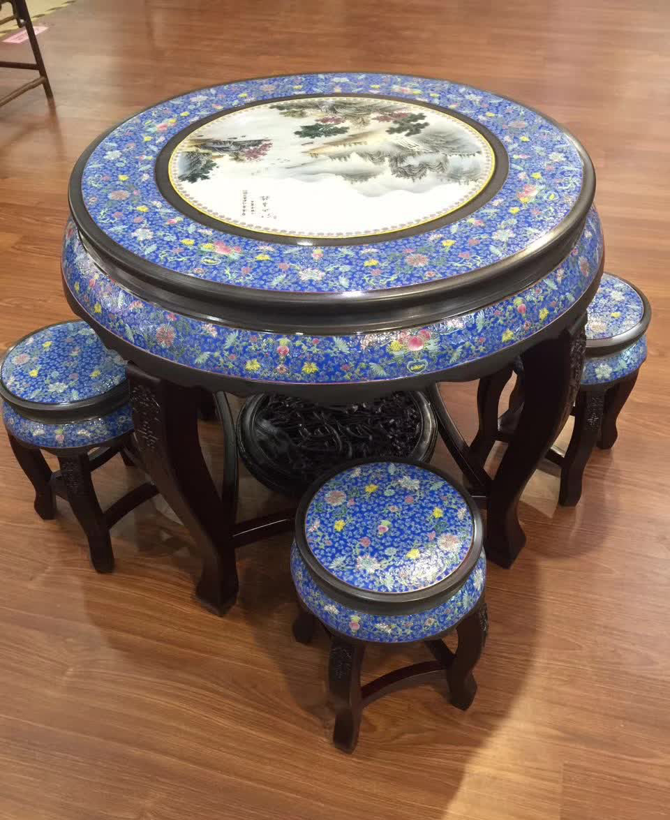 陶瓷大师珐琅彩手绘瓷器圆桌圆橙一套