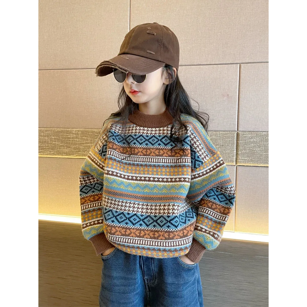 女童毛衣秋冬2023新款洋气儿童针织衫中大童加绒加厚复古保暖上衣