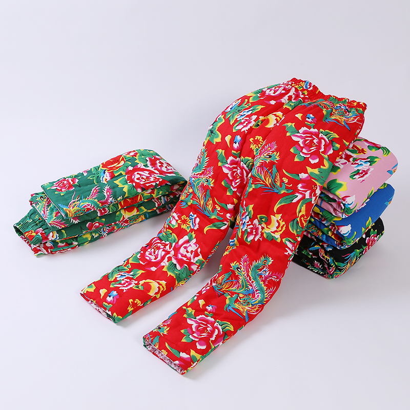 东北大花布纯手工棉花棉裤女装冬季加厚高腰民族风宽松成人保暖裤