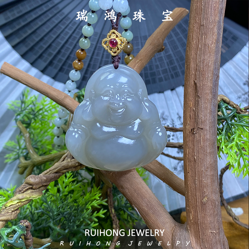 瑞鸿珠宝 手工雕刻 和田玉烟紫精致大肚弥勒佛 佛公吊坠FG-45-3-S