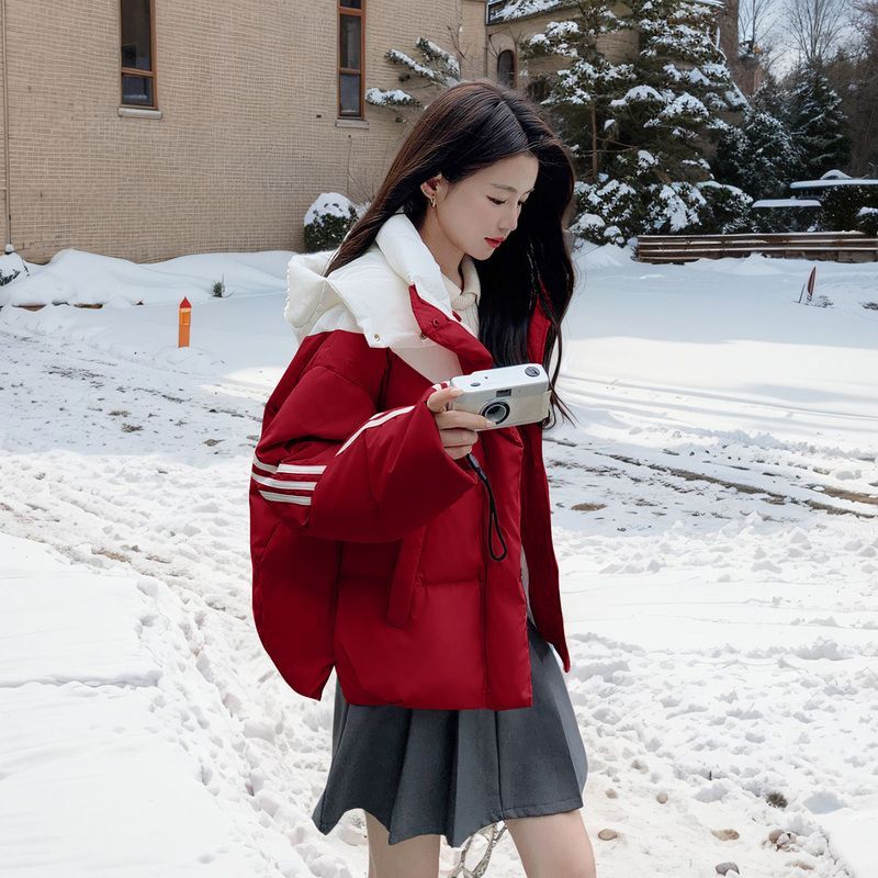 红色短款羽绒羽绒服女2024冬季新款高级感洋气炸街加厚连帽学院风
