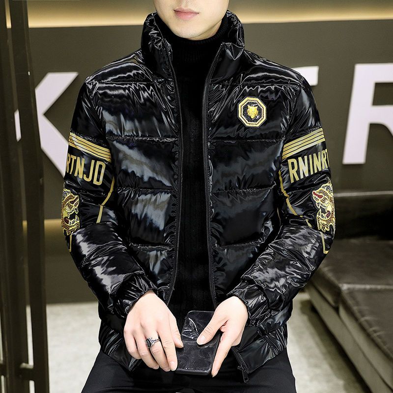 波司澄羽绒服欧洲站男士羽绒棉服冬季新款潮牌烫钻老虎亮面立领痞