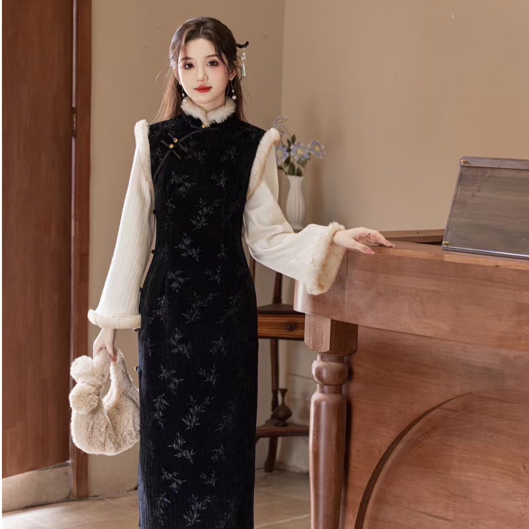 【关山月】苏囡囡旗袍新中式冬季新款加绒加厚倒大袖旗袍长度约120