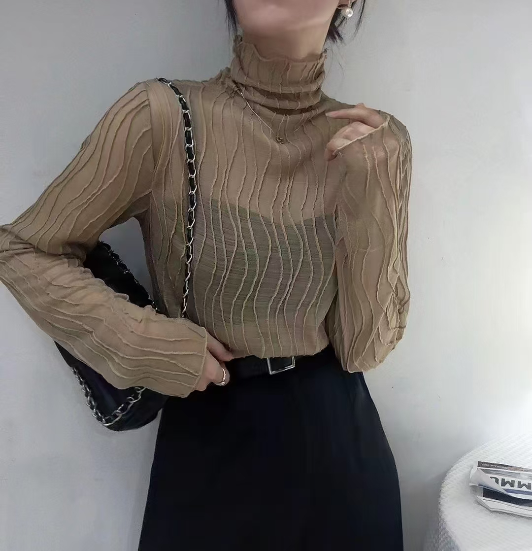 【姜夫人】网纱打底衫百搭镂空美T恤修身显瘦性感小衫弹性长袖上衣