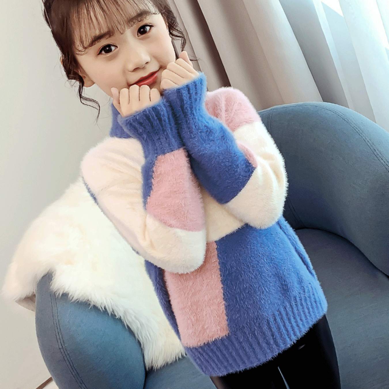 女童水貂绒套头毛衣2023新款洋气秋冬季加绒半高领小女孩打底衫潮