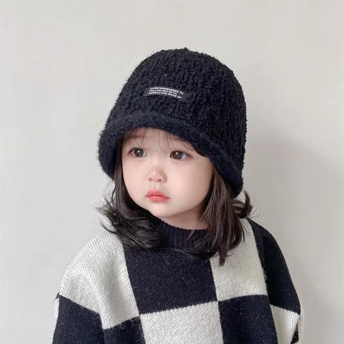 儿童秋冬帽子宝宝渔夫帽黑色时尚2023冬天新款男女童毛绒盆帽保暖