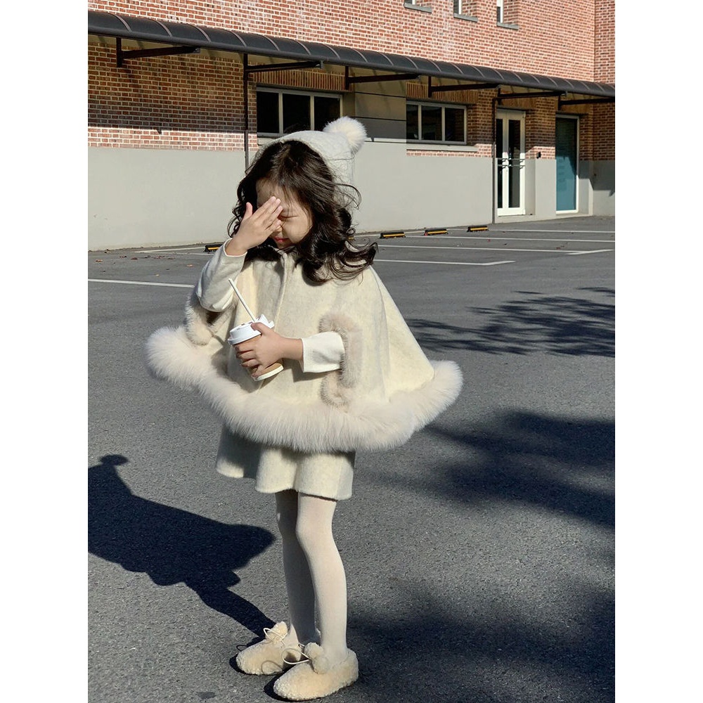 韩版女童小香风呢子大衣套装2023秋冬季新款女中小童斗篷外套套装