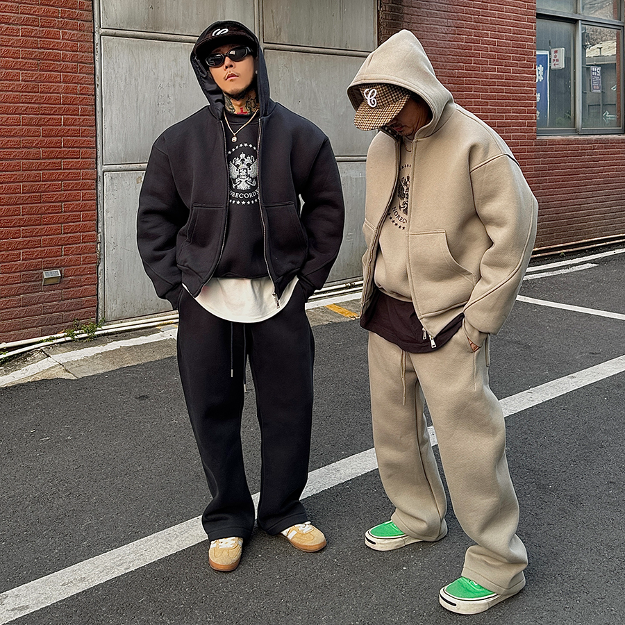 白鹤820g重磅加绒连帽夹克三件套轻奢宽松圆领卫衣情侣简约休闲裤