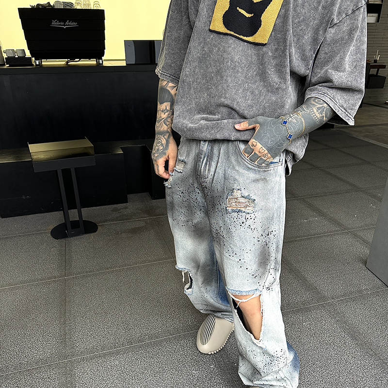 【促】白鹤大大美式街头做脏泼墨破洞牛仔裤男士休闲直筒阔腿牛仔裤