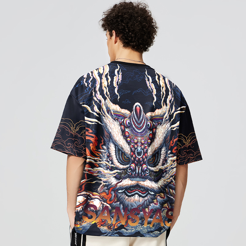 醒狮【木村三社×心境澄明】 国潮印花短袖t恤男宽松夏季 男女潮牌