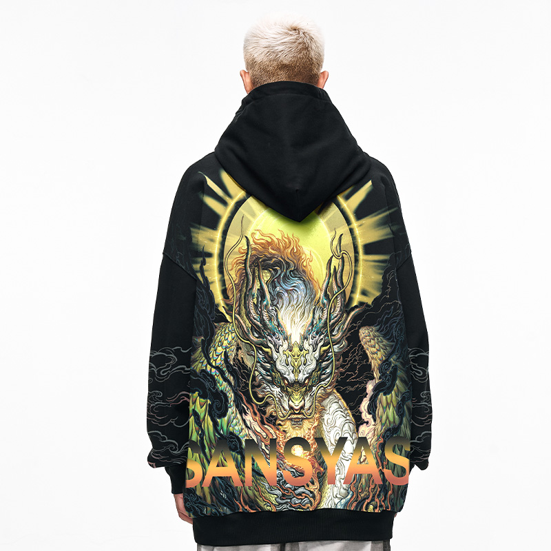 木村三社SANSYAS国潮风腾龙印花连帽卫衣男秋冬2024新年款ins上衣