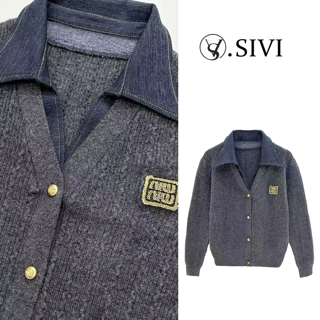 熙薇气质毛衣外套【牛仔点缀】冬季新款衬衣领上衣F7126